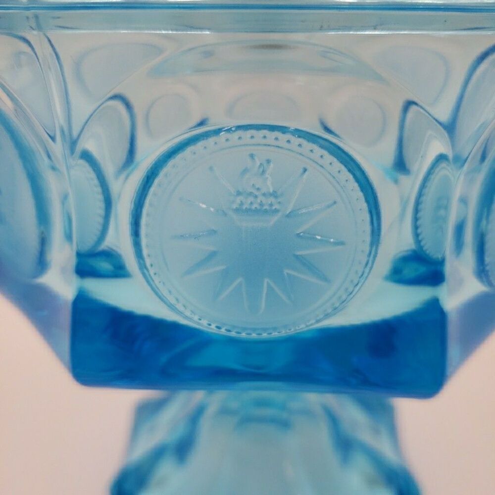 Fostoria Wedding Bowl with Lid Blue Glass Coin Medallion Covered Pedestal Dish - Picture 3 of 16